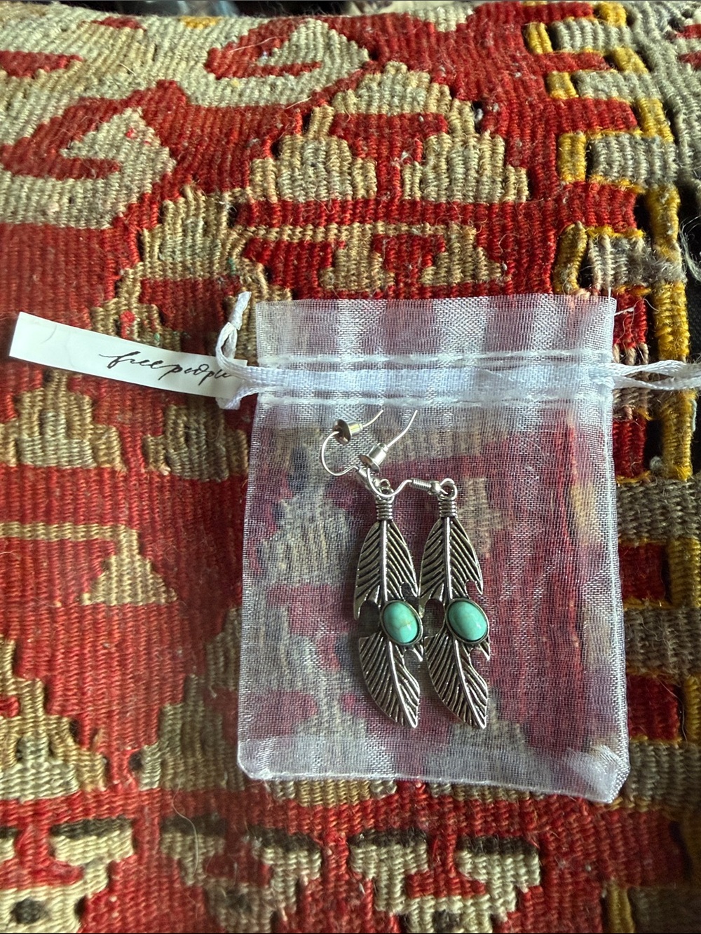 Free People Silver Feather Earrings with Turquoise Stones